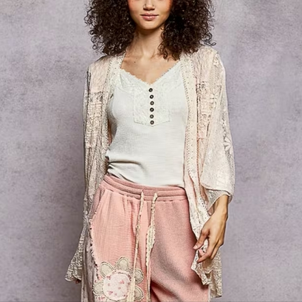 NS02. POL BOHEMIAN FLORAL LACE CROCHET TRIM LIGHT PINK KIMONO CARDIGAN